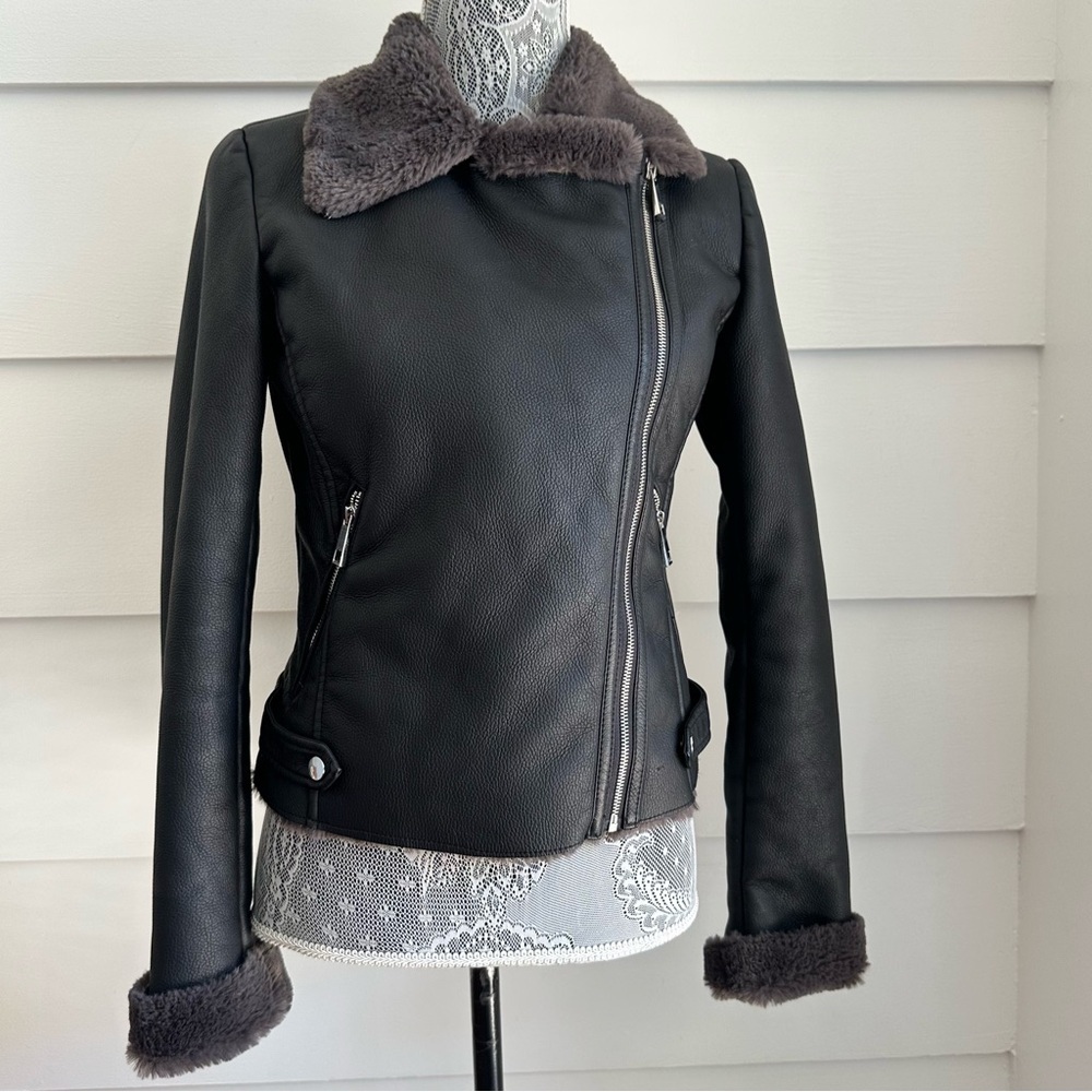 Mango Faux Shearling Lined Jacket XXS Moto Biker Jacket - Picture 6 of 12